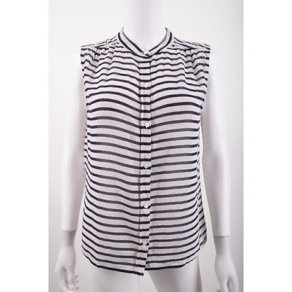 J. Crew Womans Blouse Shirt Top Size 4 Navy Blue Striped Neru mandarin Collar